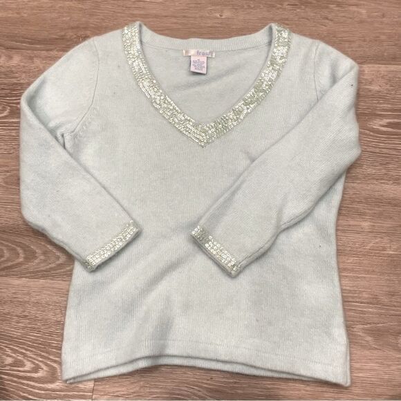 Vintage Angora Baby Blue V Neck Sweater Sequence Beaded Neck and Sleeves - Picture 1 of 5